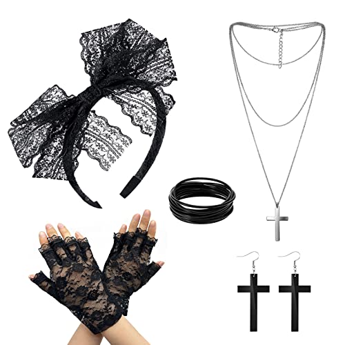 MIVAIUN 5pcs 80er Accessoires für Damen 80 Jahre Kostüm Zubehör Set Spitze Stirnband Ohrringe Netzhandschuhe 80er Retro Party Halskette Armband 80er Accessoires für Party Karneval Halloween (Schwarz) von MIVAIUN