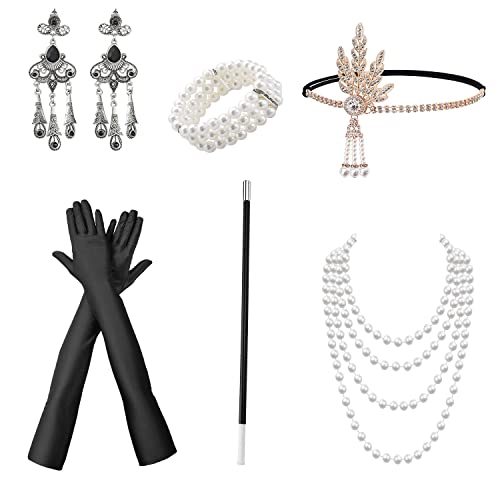 MIVAIUN 6 Stück 20er Jahre Accessoires Damen Flapper Gatsby Kostüm Set mit Stirnband Ohrringen Halskette Schwarze Handschuhen Handheld-Requisiten, 1920er Accessoires Damen, Einheitsgröße (Set C) von MIVAIUN
