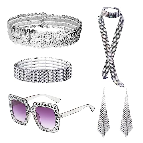 MIVAIUN 6 Stück 70er Jahre Disco Zubehör,Disco Accessoires mit Pailletten Schal Ohrringen dickem Rahmen Sonnenbrille Armband und Stirnband für Damen 70er Jahre Glitzer Disco Kostüm (Silber) von MIVAIUN