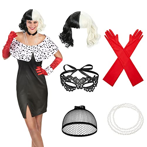 MIVAIUN 6 Stück Cruella Kostüm Damen Halloween Kostüm Damen Set 70er Jahre Accessoires Perücke Zubehör Spitze Maske Handschuhe Perlenschmuck Schwarze und weiße Perücke kurz(6 Stück) von MIVAIUN