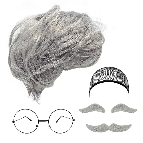 MIVAIUN 6 Stück Opa Kostüm Set Party Dress Up Perücken Set für Männer Opa Perücke künstlicher Bart künstliche Augenbrauen Perückenkappe Brille Geeignet für Halloween Rave Party Cosplay Bühnenshow von MIVAIUN