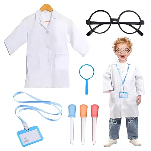 MIVAIUN 7 Stück Kinder Wissenschaftler Arzt Kostüm Laborkittel mit Kunststoff-Lupenbrille Arbeitskarte Tropfer Gläser, Wissenschaftler Dress Up Zubehör für Rollenspiele Schulprojekte (White) von MIVAIUN