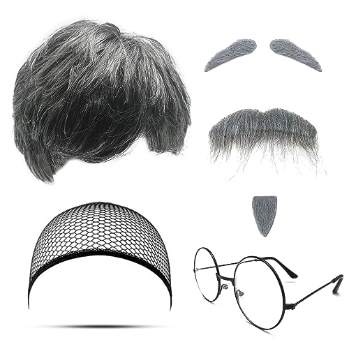 MIVAIUN 7 Stück Opa Kostüm Set Alter Mann Cosplay Opa Perücken Perücke künstlicher Bart Augenbrauen Perückenkappe Brille Herren Perücke für Halloween Weihnachten Cosplay Mottoparty (Old Man Set) von MIVAIUN