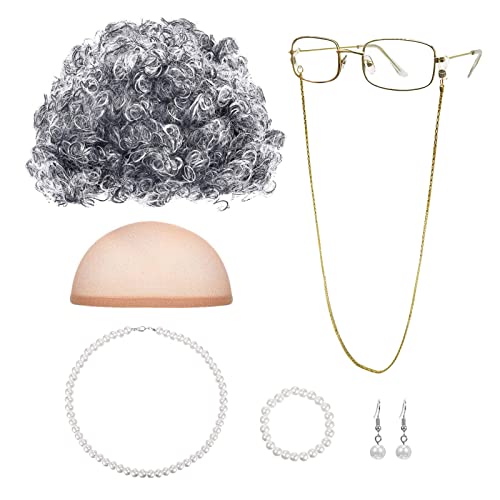 MIVAIUN 7 Teiliges Oma Perücke Kostüm Accessoire Set, Großmutter Cosplay Zubehör Set, Graue Perücke, Oma Perücke, Perücke Kappe, Oma Brille mit Kette, Old Lady Kostüm Set, Einheitsgröße (7 Pcs) MIVAIUN 7 Teiliges Oma Perücke Kostüm Accessoire Set, Großmutter Cosplay Zubehör Set, Graue Perücke, Oma Perücke, Perücke Kappe, Oma Brille mit Kette, Old Lady Kostüm Set, Einheitsgröße (7 Pcs) von MIVAIUN