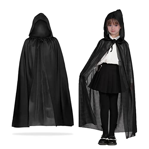 MIVAIUN Halloween Schwarz Kapuzenumhang Hexe Cosplay Zubehör Erwachsene Kinder Kostüm, Schwarzer Umhang, Halloween Kostüm, Kapuze Umhang, Umhang für Halloween, Maskerade, Familienfeier (Schwarz,90cm) von MIVAIUN