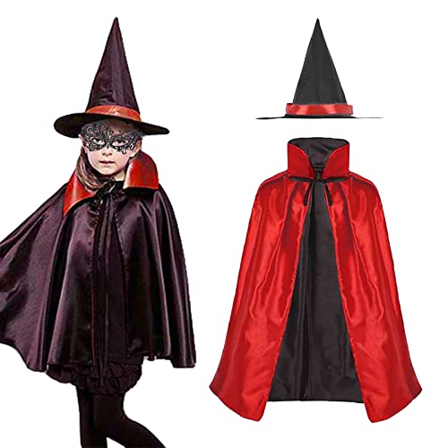 MIVAIUN Doppelter Umhang mit Hut, Cape und Zauberhut-Set, Rot und Schwarz, Kinder Halloween Kostüm, Zauberer Umhang für Kinder Erwachsene Vampir Kostüm Halloween Cosplay, 90 cm (Rot) von MIVAIUN