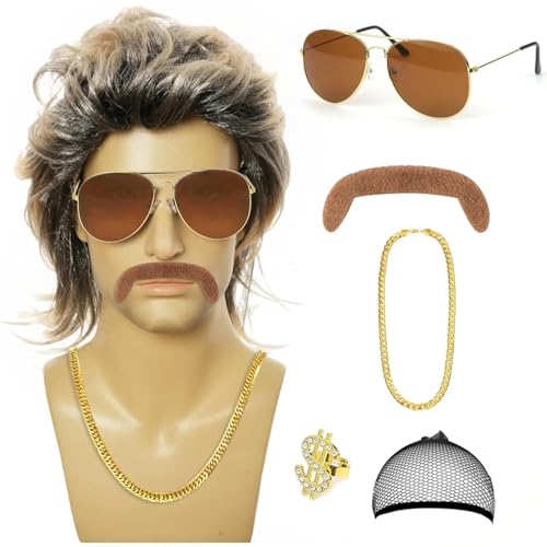 MIVORA 6er Set 80er Jahre Outfit Herren Perücken, 70er 80er Kostüm Herren Vokuhila Perücke 80er Jahre Accessoires, Männer Karneval Fasching Perücke Faschingskostüme Halloween Party von MIVORA