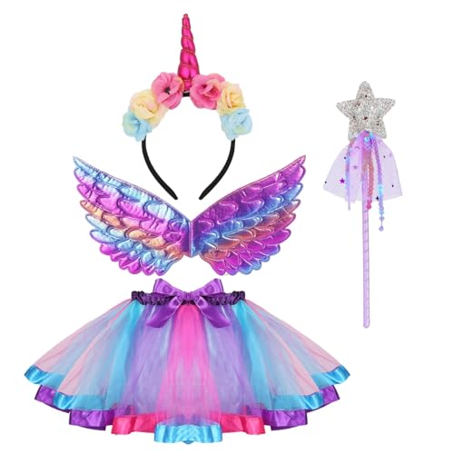 MIVORA Mädchen Einhorn Prinzessin Kleid, Fee Kostüm Mädchen, Unicorn Kostüme Kinder mit Einhorn Stirnband Flügel Zauberstab, Einhorn Party Kleid für Mädchen (Lila) von MIVORA
