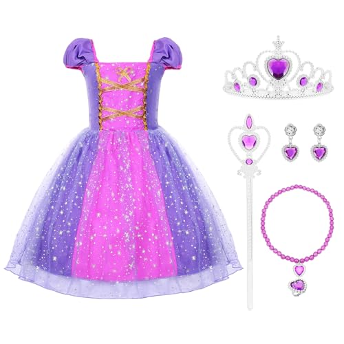 MIVORA Mädchen Prinzessin Kostüm, Rapunzel Kostüm Kinder mit Krone Zauberstab Kette Ohrringe Ring, Faschingskostüme Kinder Kleid Cosplay Verkleidung für Geburtstag Karneval Halloween Weihnachten (120) von MIVORA