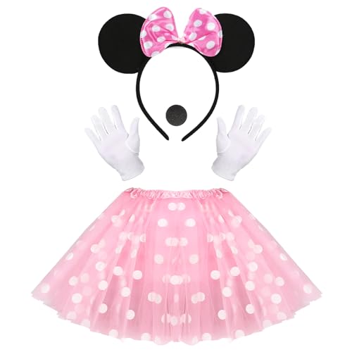 MOVORA Maus Mouse Kostüm Damen, Ballettkleider Haarreifen Handschuhe Nase, Tutu Damen mit Weiß Gepunktet, Kinder Tüll Kleid für Karneval Cosplay Fasching Halloween Party (Rosa) von MIVORA