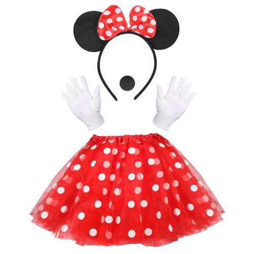MOVORA Maus Mouse Kostüm Damen, Ballettkleider Haarreifen Handschuhe Nase, Tutu Damen mit Weiß Gepunktet, Kinder Tüll Kleid für Karneval Cosplay Fasching Halloween Party (Rot) von MIVORA