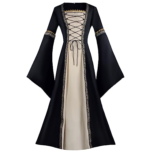 MJGkhiy Mittelalterliches Damenkleid Damen Elegante Prinzessin Kleid mit Trompetenärmeln Steampunk Dress Elfe Party Kleider Halloween Kostüme Renaissance Hexe, Schwarz , M von MJGkhiy