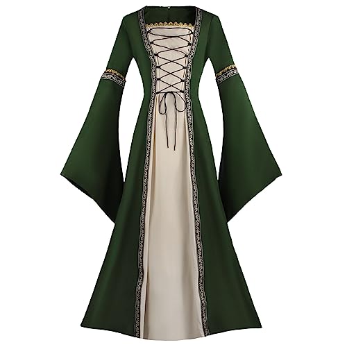 MJGkhiy Mittelalterliches Damenkleid Damen Elegante Prinzessin Kleid mit Trompetenärmeln Steampunk Dress Elfe Party Kleider Halloween Kostüme Renaissance Hexe, grün, 50 von MJGkhiy
