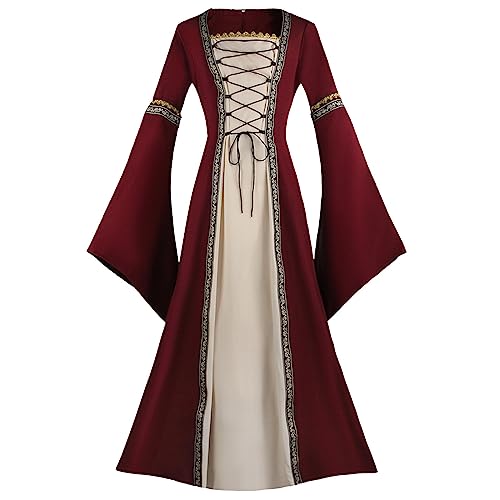 MJGkhiy Mittelalterliches Damenkleid Damen Elegante Prinzessin Kleid mit Trompetenärmeln Steampunk Dress Elfe Party Kleider Halloween Kostüme Renaissance Hexe, rot, 50 von MJGkhiy