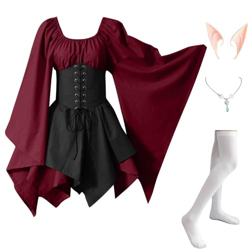 MJGkhiy Mittelalterliches Kleid Damen Krieger Elegantes Renaissance-Kleid Steampunk Kostüm Prinzessin Gothic Kleid Karneval Halloween Kleidung Cosplay Viking Party Viktorianisches Kleid kurz Abend von MJGkhiy