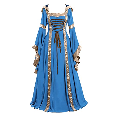 MJGkhiy Mittelalterliches Kleid Damen Sommer Vintage Viktorianisches Kleid mit Trompetenärmeln Steampunk Kleid Party Kleider Halloween Elfe Keltische Prinzessin, blau, 50 von MJGkhiy