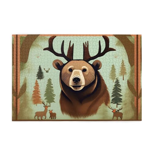 Jigsaw Puzzles1000 Teile Mjhkxlj Lodge Bär Hirsch Bildqualität Holzpuzzle für Erwachsene und Kinder, lustige Puzzles, Stressabbau Puzzles von MJHKXLJ