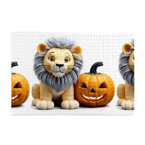 Jigsaw Puzzles1000 Teile Mjhkxlj Niedlicher Löwe und Halloween Kürbis Bildqualität Holzpuzzle für Erwachsene und Kinder, lustige Puzzles, Stressabbau Puzzles von MJHKXLJ