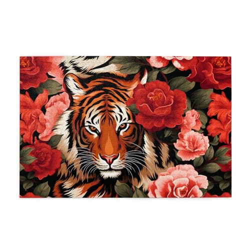Jigsaw Puzzles1000 Teile Mjhkxlj Tier Tiger Leopard Print Rose Blume Bild Qualität Holzpuzzle für Erwachsene und Kinder, lustige Puzzles, Stressabbau Puzzles von MJHKXLJ