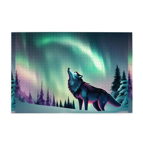 Jigsaw Puzzles1000 Teile Mjhkxlj Wölfe heulen im Nordlicht Bildqualität Holzpuzzle für Erwachsene und Kinder, lustige Puzzles, Stressabbau Puzzles von MJHKXLJ