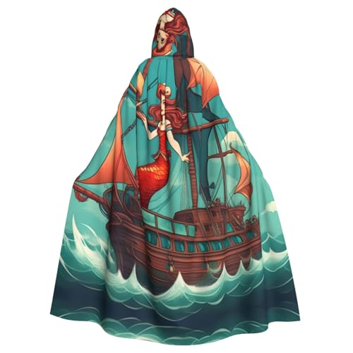 MJHKXLJ Meerjungfrauen-Mädchen und Segeln auf See, Piratenschiff, bedruckt, Kapuzenumhang für Halloween, Rollenspiele und Kostümpartys von MJHKXLJ