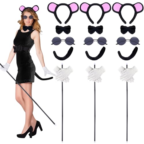 MJOGGOTT 18-teiliges Halloween-Maus-Kostüm-Zubehör-Set, Maus, Stirnbänder, Ohren, Fliege, Schwanz, runde Sonnenbrille, faltbarer Rollo, weiße Handschuhe von MJOGGOTT