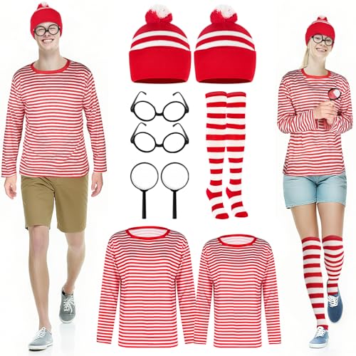 MJOGGOTT 9 Stück Halloween-Kostüme für Paare, Cosplay, rot und weiß, gestreiftes Hemd, Erwachsene, Herren, Damen, Sweatshirt, Brille, Hut, Socke, Lupe für Paare, Halloween, Cosplay, Kostüm, Party MJOGGOTT 9 Stück Halloween-Kostüme für Paare, Cosplay, rot und weiß, gestreiftes Hemd, Erwachsene, Herren, Damen, Sweatshirt, Brille, Hut, Socke, Lupe für Paare, Halloween, Cosplay, Kostüm, Party von MJOGGOTT