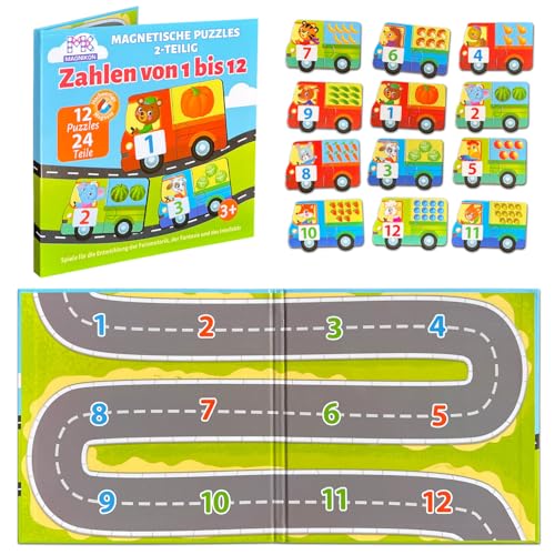 MAGNIKON, Zahlen Lernen von 1 bis 12, 12 Puzzles mit je 2 Teile, Mitbringspiel ab 4 Jahre, Kinder Magnete,Spielzeug für Unterwegs, Magnetisches Puzzle von MK MAGNIKON