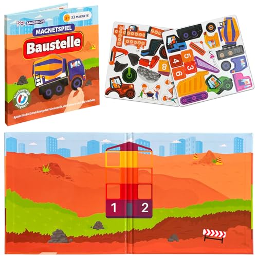 MAGNIKON Magnetspiel mit Magnete, Motorikspielzeug mit großem Spielfeld für die Beschäftigung bei der Autofahrt, Spiel für Unterwegs mit Magnetpuzzlen, Magnetbuch (Baustelle) von MK MAGNIKON