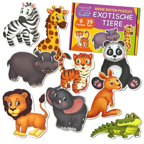 MAGNIKON Puzzles Exotische Tiere Ab 2 3 Jahre - Spielzeug Kinderpuzzle - 9 Mein erstes Puzzle Kinder - 39 Große Teile Geschenk Für Junge Und Mädchen - Spielzeug ab 2 Jahre - Motorikspielzeug von MK MAGNIKON