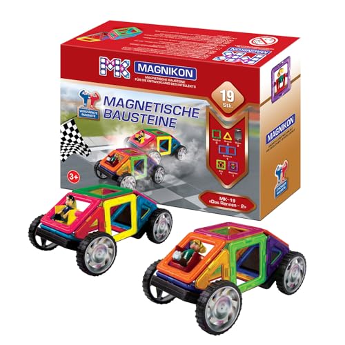 Magnetische Bausteine MK-19 “Das Rennen-2” mit Rädern – Magnetbau-Set 19-teilig, Magnetbausteine, ideal als Konstruktionsspielzeug zur Förderung von Kreativität & Motorik, Spielzeug für Kinder von MK MAGNIKON