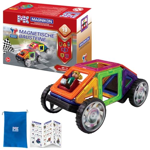 Magnetische Bausteine MK-19 “Das Rennen-2” mit Rädern – Magnetbau-Set 19-teilig, Magnetbausteine, ideal als Konstruktionsspielzeug zur Förderung von Kreativität & Motorik, Spielzeug für Kinder von MK MAGNIKON