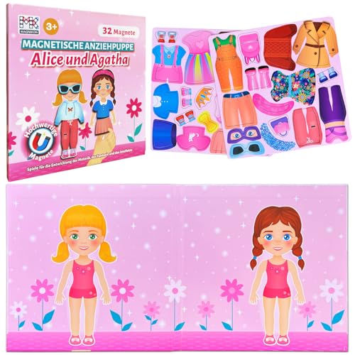 MAGNIKON Magnetspiel Alice und Agatha, Magnet Puppen zum Anziehen, Magnet Anziehpuppen, Spielzeug für unterwegs, Anziehbuch, Magnetische Anziehpuppe mit 32 Magneten von MK MAGNIKON