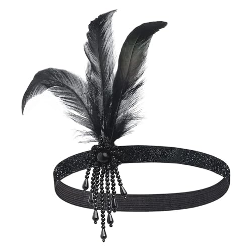 MKEMQXBEP Damen Schwarzes Haar-Accessoires Perlen Pailletten Haarband Kopfbedeckung Dress UP Feder Stirnband(H1208-A) von MKEMQXBEP