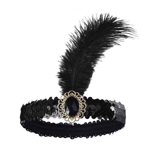 MKEMQXBEP Damen Schwarzes Haar-Accessoires Perlen Pailletten Haarband Kopfbedeckung Dress UP Feder Stirnband(H1208-D) von MKEMQXBEP