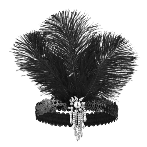 MKEMQXBEP Damen Schwarzes Haar-Accessoires Perlen Pailletten Haarband Kopfbedeckung Dress UP Feder Stirnband(H1208-G) von MKEMQXBEP