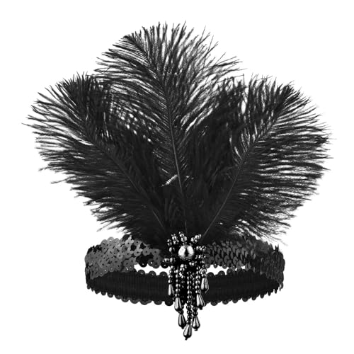 MKEMQXBEP Damen Schwarzes Haar-Accessoires Perlen Pailletten Haarband Kopfbedeckung Dress UP Feder Stirnband(H1208-H) von MKEMQXBEP