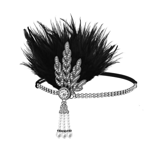 MKEMQXBEP Frauen Haarband Feder Strass Flapper Stirnband Vintage Kopfschmuck Party Braut Haar Zubehör(Gun black+black feathers 1PC) von MKEMQXBEP