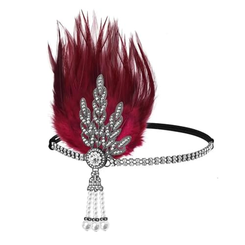 MKEMQXBEP Frauen Haarband Feder Strass Flapper Stirnband Vintage Kopfschmuck Party Braut Haar Zubehör(Gun black+red feathers 1PC) von MKEMQXBEP