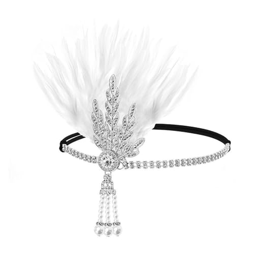 MKEMQXBEP Frauen Haarband Feder Strass Flapper Stirnband Vintage Kopfschmuck Party Braut Haar Zubehör(Silver+white feathers 1PC) von MKEMQXBEP