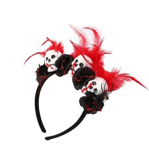 MKEMQXBEP Totenkopf-Stirnbänder, schwarze Rose, Skelett-Hand-Design, gruseliges, festliches Haar-Accessoire(Red feathers) von MKEMQXBEP