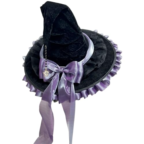 MKEMQXBEP Urlaub Party Hexenhut Kostüm Bowknot große schwarze krumme geraffte Zauberer Zubehör(PURPLE 1PC) von MKEMQXBEP