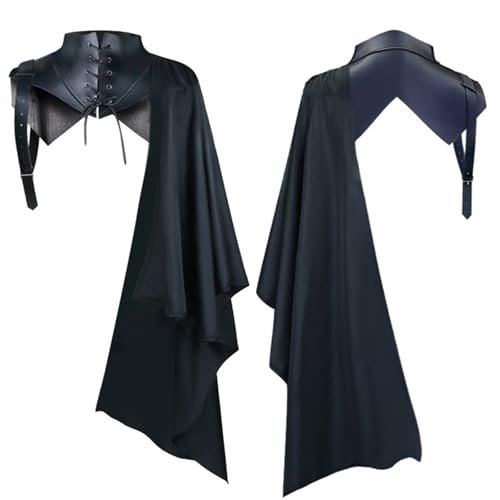 Vintage Ritterrüstung Schwarz Einschultriger Umhang Punk Schnürung Renaissance Cosplay Kostüm(Hoodless Cape 1pc,L) von MKEMQXBEP