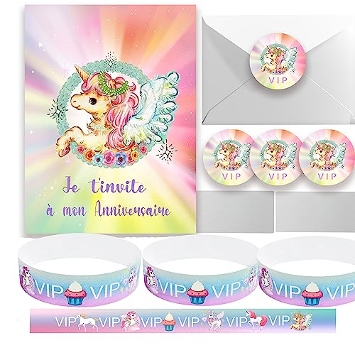 15 Einladungskarten Einhorn + Sticker zum Rubbeln + Papierarmband, Einladungen zum Geburtstag Mädchen in Französisch, für 15 Gäste, ideal für Einladungen mit Umschlägen für Kindergeburtstag von MKISHINE