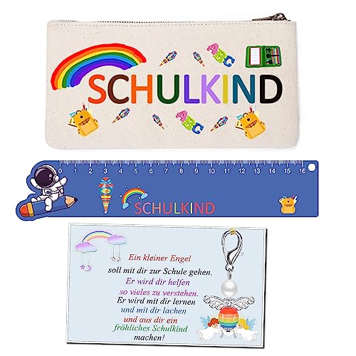 Einschulung Mädchen Geschenk Schutzengel Schlüsselanhänger+Schreibwarentaschen Glücksbringer Karte Spruch Schultüte Zuckertüte erster Schultag Geschenkidee für die Schultüte Jungen und Mädchen von MKISHINE