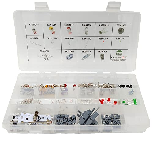 ML-Train Beleuchtungs-Set mit Sortierbox (140 Teile) - Glühbirne LED Glühlampe Fassung Wagenbeleuchtung Randverbinder Flachstecker - Gartenbahn Spur G Zubehör von ML-Train