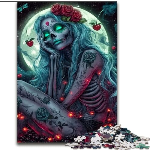 1000-teiliges Puzzle für Erwachsene und Teenager, Totenkopfmädchen unter dem Mond, geeignet für Kinder ab 14 Jahren, Heimdekoration, tolles Geschenk für die ganze Familie (Größe 50x75cm) von MLADSOEHK