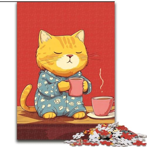1000-teiliges Puzzle für Jugendliche und Erwachsene, Katze trinkt Kaffee, für Lernspiele, Herausforderungsspielzeug, verbessert das Gedächtnis für 14-Jährige (Größe 26x38cm) von MLADSOEHK