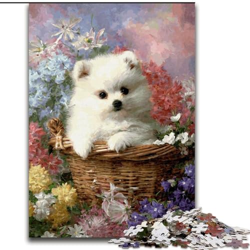 Puzzle 1000 Teile für Erwachsene und Teenager, Welpe im Blumenkorb, entspannendes intellektuelles Lernspielzeug, Geburtstagsgeschenk, Geschenke (Größe 26x38cm) von MLADSOEHK