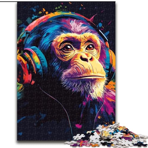 Puzzle 1000 Teile für Teenager, Schimpanse mit Kopfhörern, Spiele, Spielzeug, Geschenk, einzigartige Geburtstags- und Geschenkideen für Kinder ab 14 Jahren (Größe 26x38cm) von MLADSOEHK